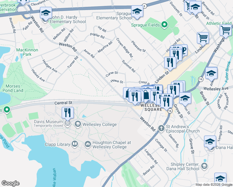 map of restaurants, bars, coffee shops, grocery stores, and more near 138 Weston Road in Wellesley