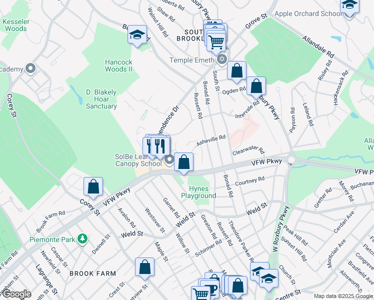 map of restaurants, bars, coffee shops, grocery stores, and more near 93 Asheville Road in Brookline