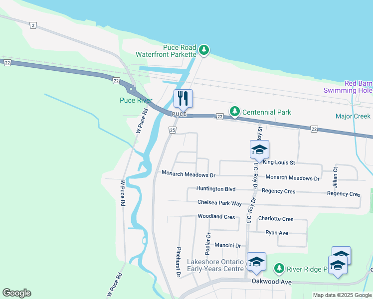 map of restaurants, bars, coffee shops, grocery stores, and more near 1030 King Richard Court in Belle River