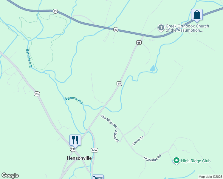map of restaurants, bars, coffee shops, grocery stores, and more near 182 County Road 65 in Hensonville