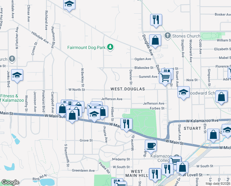 map of restaurants, bars, coffee shops, grocery stores, and more near 1433 West North Street in Kalamazoo