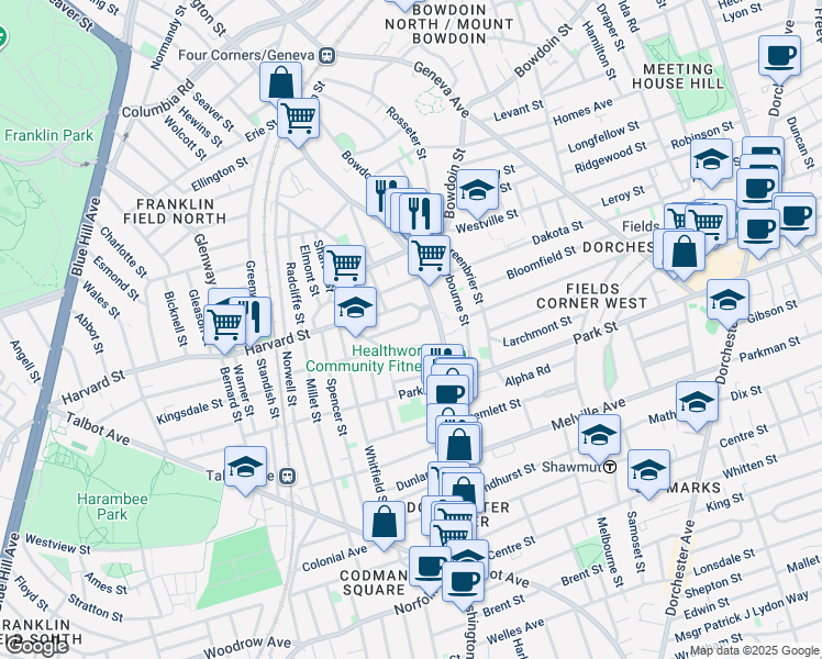 map of restaurants, bars, coffee shops, grocery stores, and more near 20 Bradlee Street in Boston