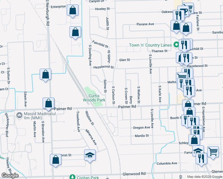 map of restaurants, bars, coffee shops, grocery stores, and more near 1560 South Carlson Street in Westland