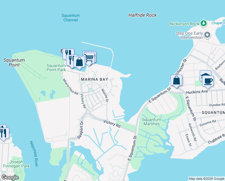 map of restaurants, bars, coffee shops, grocery stores, and more near 25 Harbourside Road in Quincy