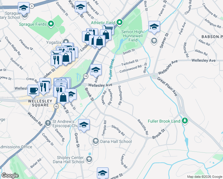 map of restaurants, bars, coffee shops, grocery stores, and more near 27 Marvin Road in Wellesley