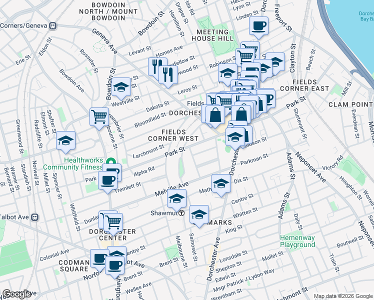 map of restaurants, bars, coffee shops, grocery stores, and more near 36 Upland Avenue in Boston