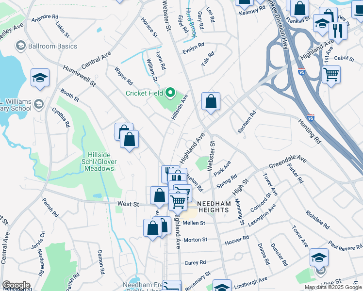 map of restaurants, bars, coffee shops, grocery stores, and more near 757 Highland Avenue in Needham