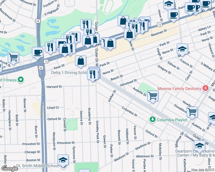 map of restaurants, bars, coffee shops, grocery stores, and more near 23262 Cleveland Street in Dearborn
