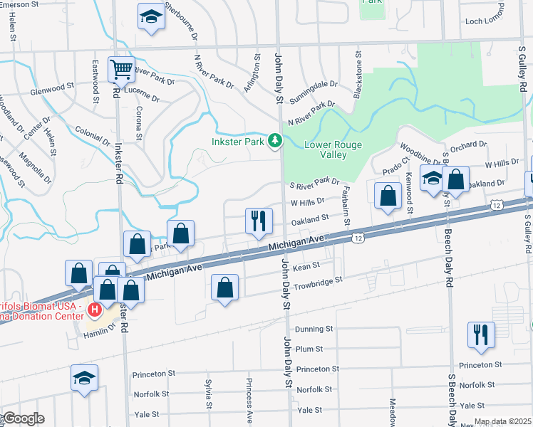 map of restaurants, bars, coffee shops, grocery stores, and more near 26636 Oakland Street in Inkster