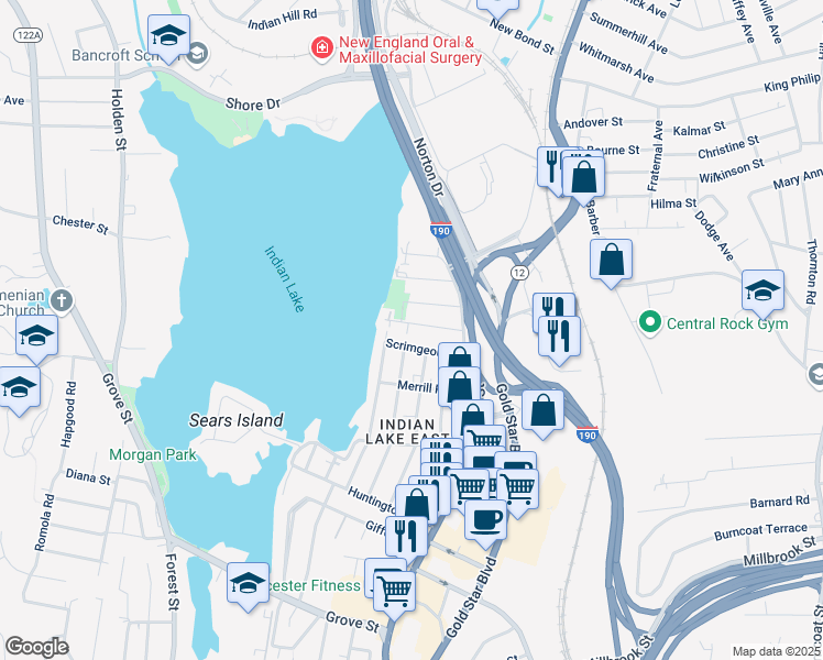map of restaurants, bars, coffee shops, grocery stores, and more near 33 Sherburne Avenue in Worcester