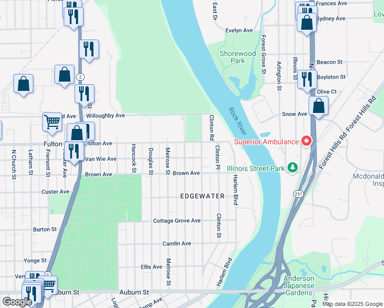 map of restaurants, bars, coffee shops, grocery stores, and more near 2304 Cumberland Street in Rockford