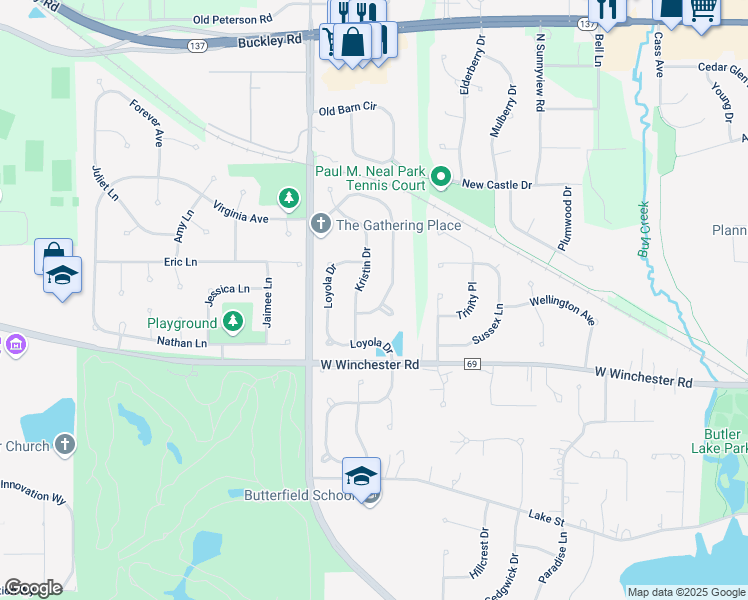 map of restaurants, bars, coffee shops, grocery stores, and more near 1131 Saint William Drive in Libertyville