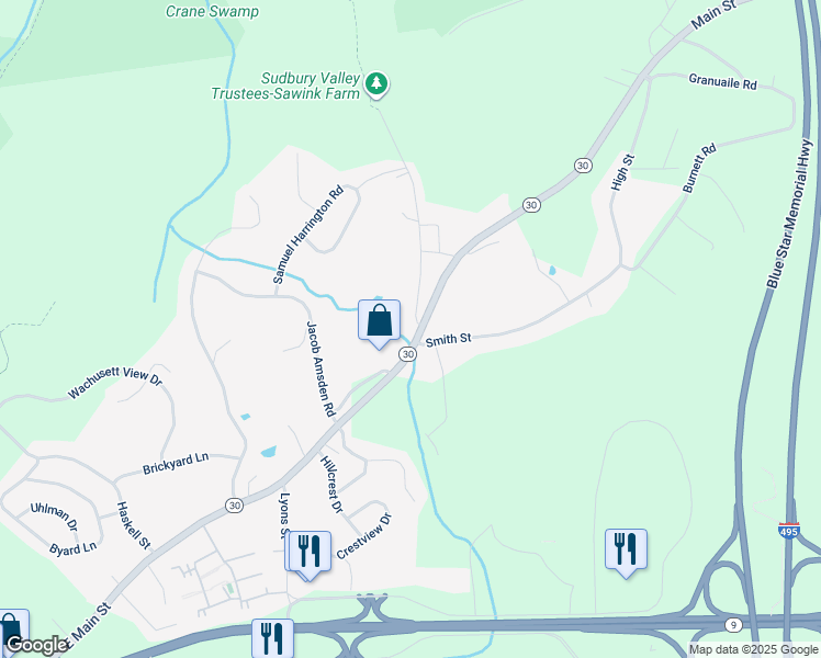 map of restaurants, bars, coffee shops, grocery stores, and more near 4 Walker Street in Westborough