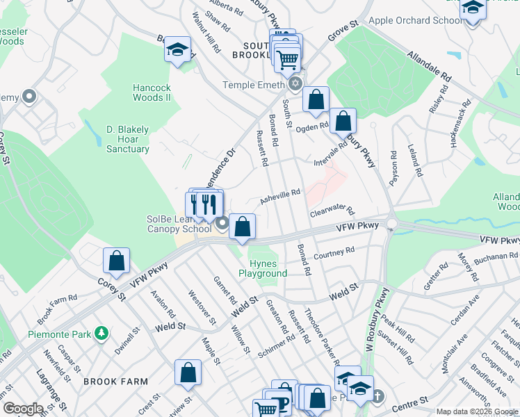 map of restaurants, bars, coffee shops, grocery stores, and more near 93 Asheville Road in Brookline