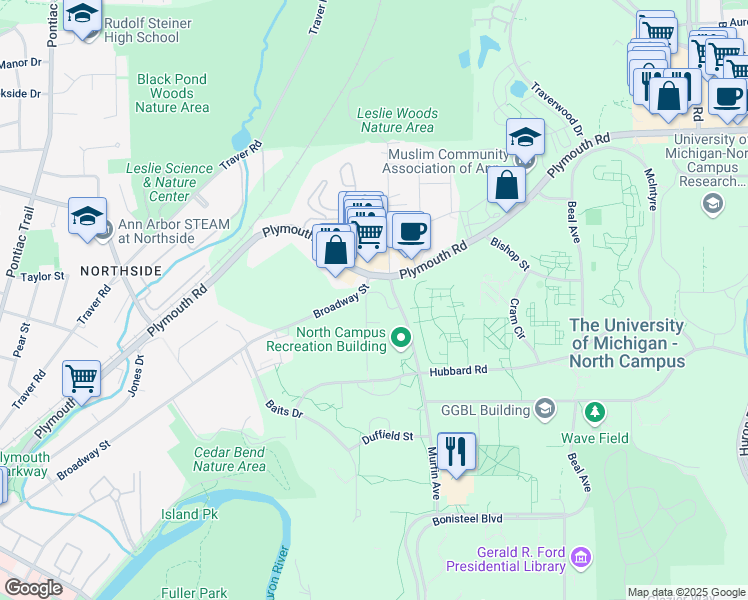 map of restaurants, bars, coffee shops, grocery stores, and more near 1760 Broadway Street in Ann Arbor