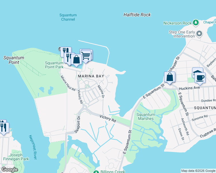 map of restaurants, bars, coffee shops, grocery stores, and more near 25 Harbourside Road in Quincy