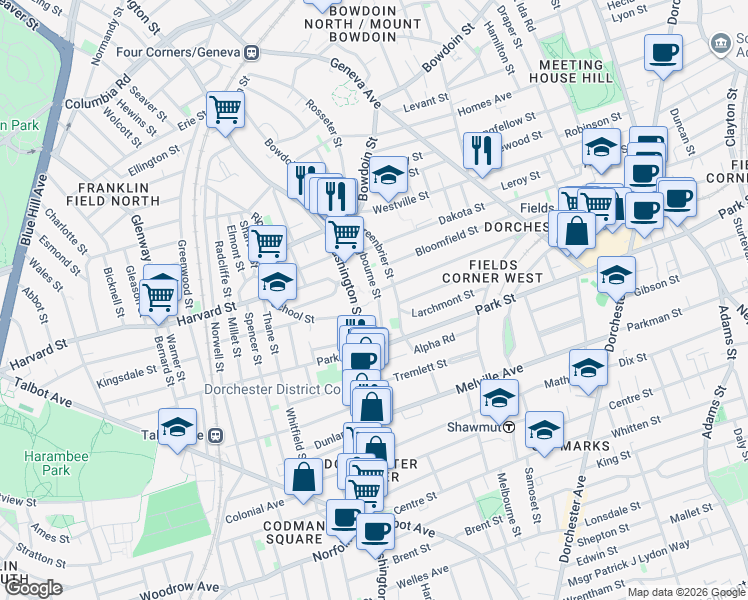 map of restaurants, bars, coffee shops, grocery stores, and more near 75 Claybourne Street in Boston