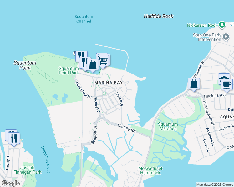 map of restaurants, bars, coffee shops, grocery stores, and more near 17 Whaler Lane in Quincy