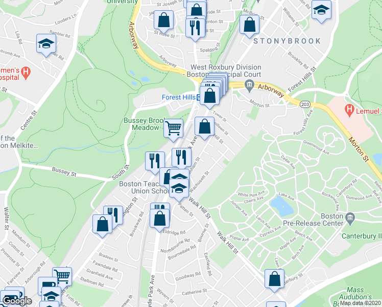 map of restaurants, bars, coffee shops, grocery stores, and more near 108 Hyde Park Avenue in Boston