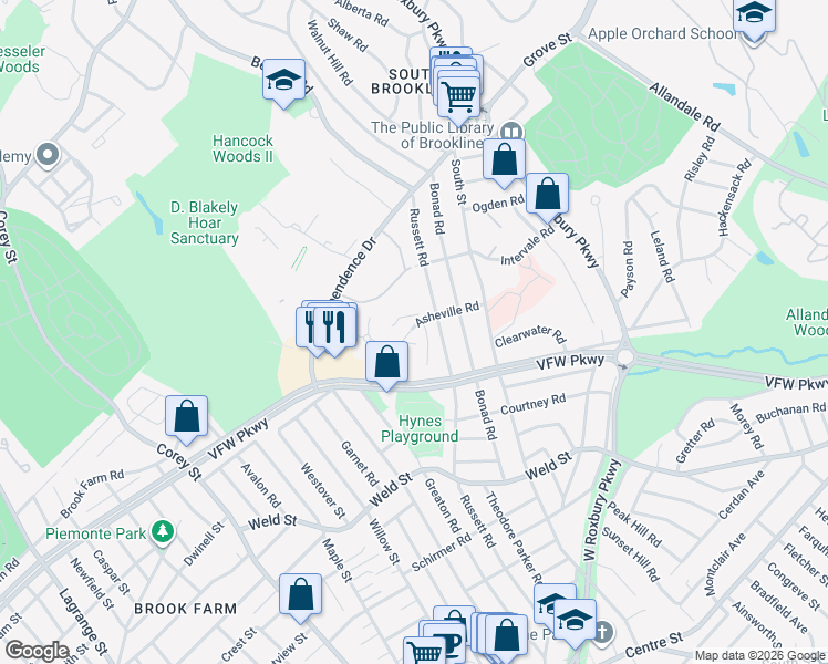 map of restaurants, bars, coffee shops, grocery stores, and more near 93 Asheville Road in Brookline