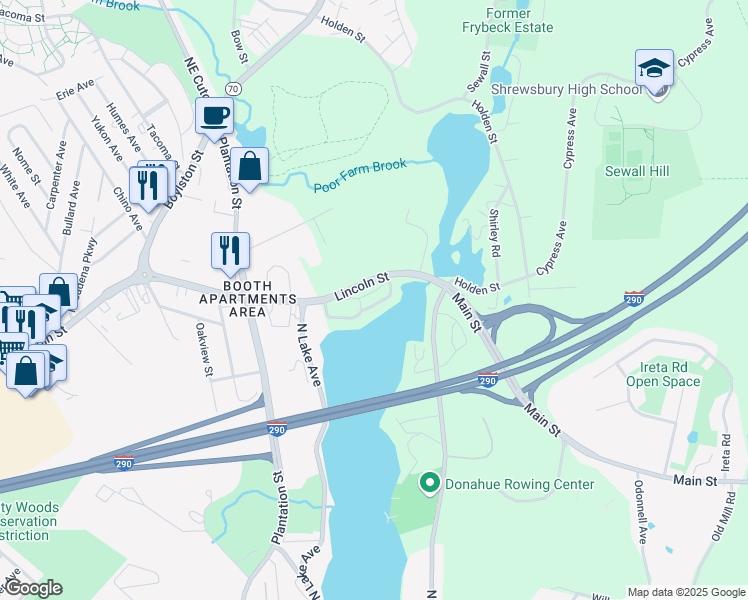 map of restaurants, bars, coffee shops, grocery stores, and more near 26 Main Street in Shrewsbury