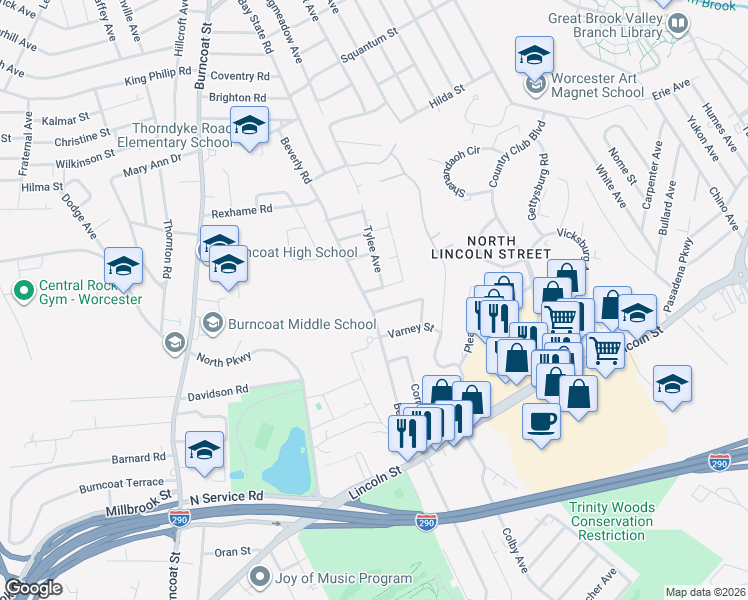 map of restaurants, bars, coffee shops, grocery stores, and more near 157-1/2 Beverly Road in Worcester