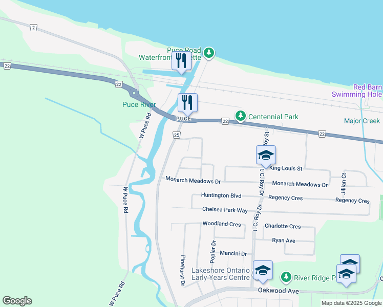 map of restaurants, bars, coffee shops, grocery stores, and more near 1030 King Richard Court in Belle River