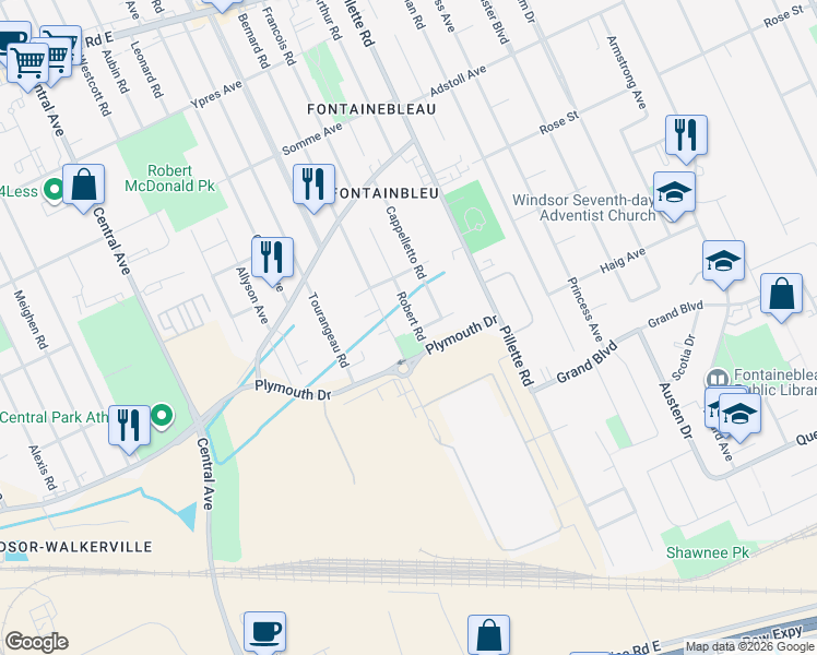 map of restaurants, bars, coffee shops, grocery stores, and more near 2749 Robert Road in Windsor