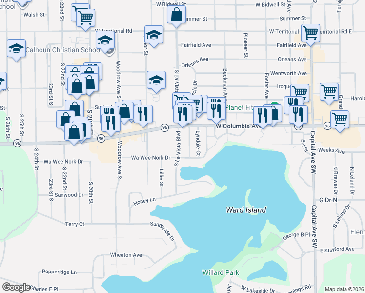 map of restaurants, bars, coffee shops, grocery stores, and more near 36 Ferndale Court in Battle Creek