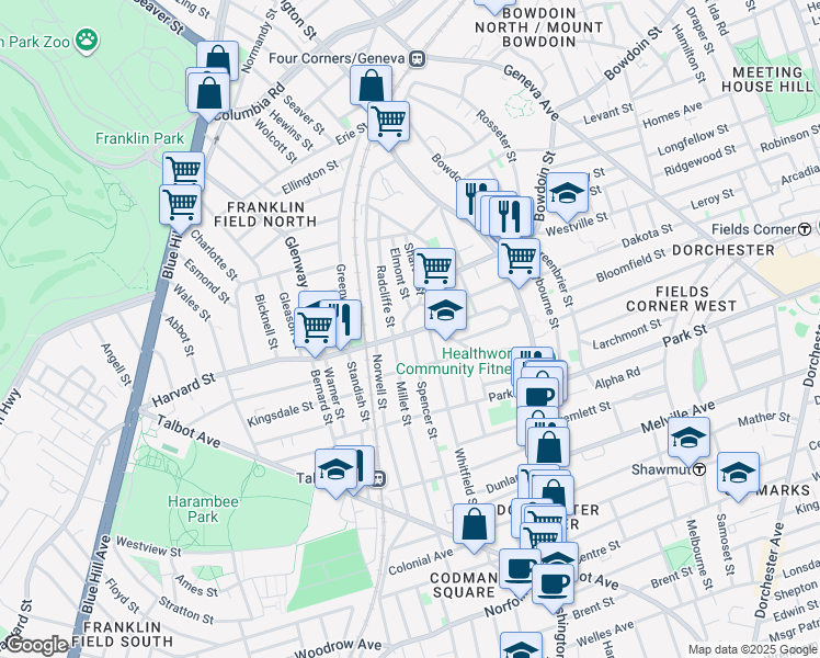 map of restaurants, bars, coffee shops, grocery stores, and more near 83 Harvard Street in Boston