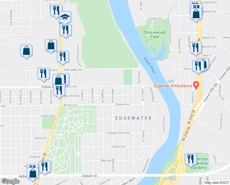 map of restaurants, bars, coffee shops, grocery stores, and more near 2309 Melrose Street in Rockford