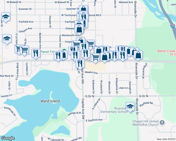 map of restaurants, bars, coffee shops, grocery stores, and more near 115 Weeks Avenue in Battle Creek