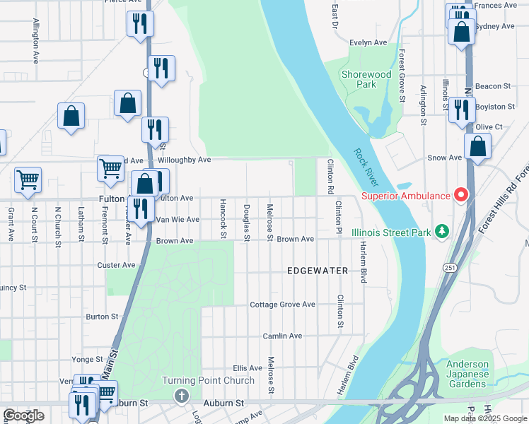 map of restaurants, bars, coffee shops, grocery stores, and more near 2306 Melrose Street in Rockford