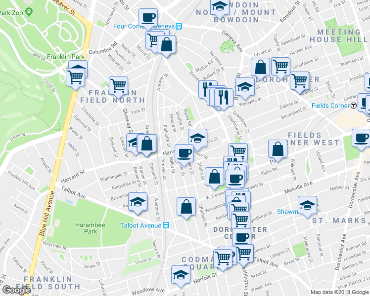 map of restaurants, bars, coffee shops, grocery stores, and more near 68 Harvard Street in Boston