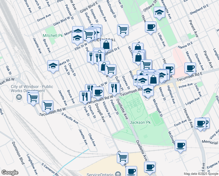 map of restaurants, bars, coffee shops, grocery stores, and more near 1641 Ouellette Avenue in Windsor