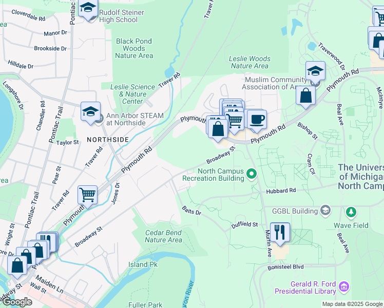 map of restaurants, bars, coffee shops, grocery stores, and more near 1687 Broadway Street in Ann Arbor