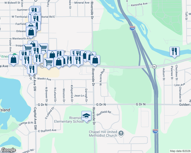 map of restaurants, bars, coffee shops, grocery stores, and more near 529 Riverside Drive in Battle Creek