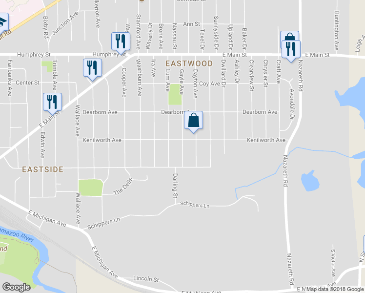 map of restaurants, bars, coffee shops, grocery stores, and more near 539 Gayle Avenue in Kalamazoo