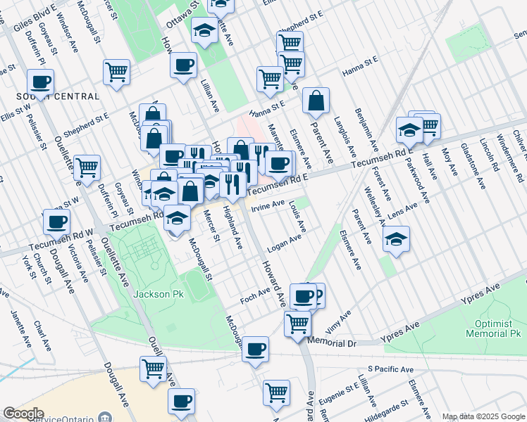 map of restaurants, bars, coffee shops, grocery stores, and more near 553 Irvine Avenue in Windsor