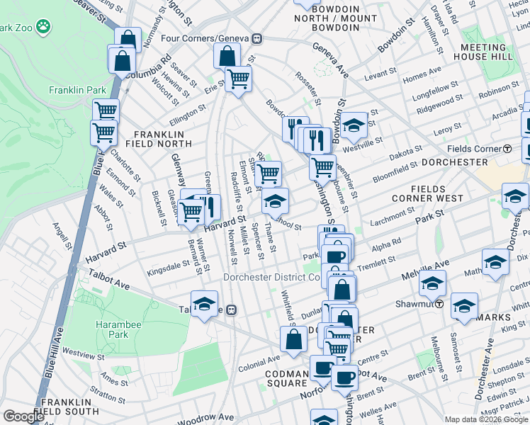 map of restaurants, bars, coffee shops, grocery stores, and more near 66 Harvard Street in Boston