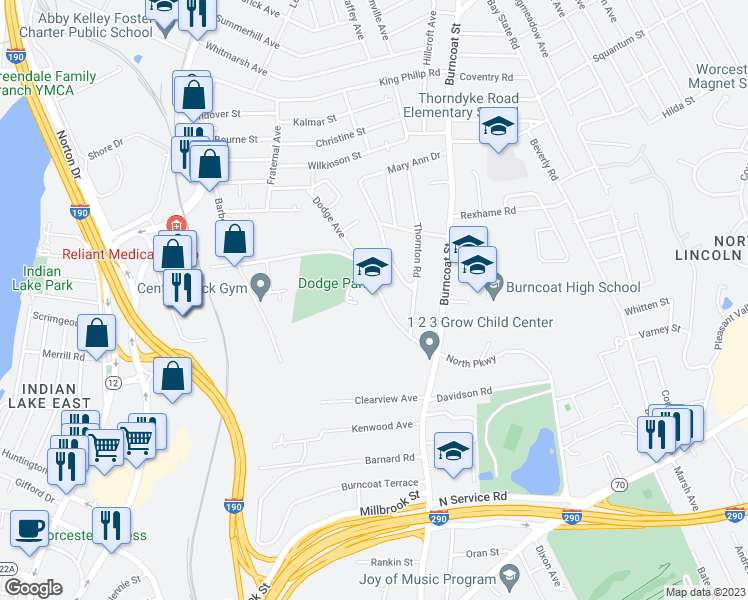 map of restaurants, bars, coffee shops, grocery stores, and more near 41 Randolph Road in Worcester