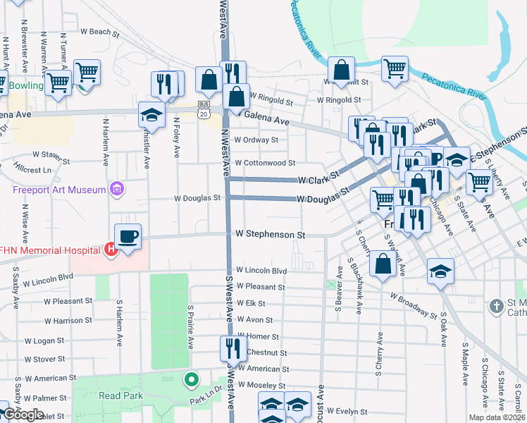 map of restaurants, bars, coffee shops, grocery stores, and more near 552 West Addison Street in Freeport