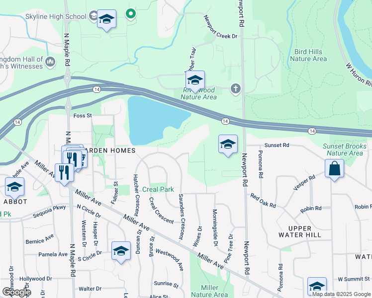 map of restaurants, bars, coffee shops, grocery stores, and more near 1800 Cooley Avenue in Ann Arbor