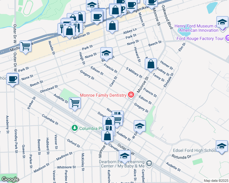 map of restaurants, bars, coffee shops, grocery stores, and more near 22231 Gregory Street in Dearborn