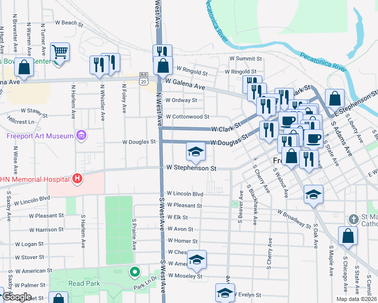 map of restaurants, bars, coffee shops, grocery stores, and more near 552 West Addison Street in Freeport