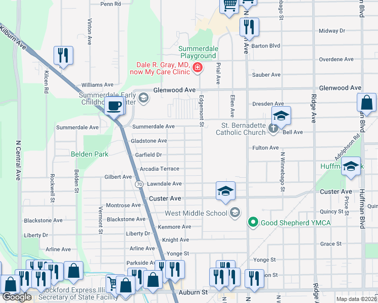 map of restaurants, bars, coffee shops, grocery stores, and more near 2820 Garfield Drive in Rockford