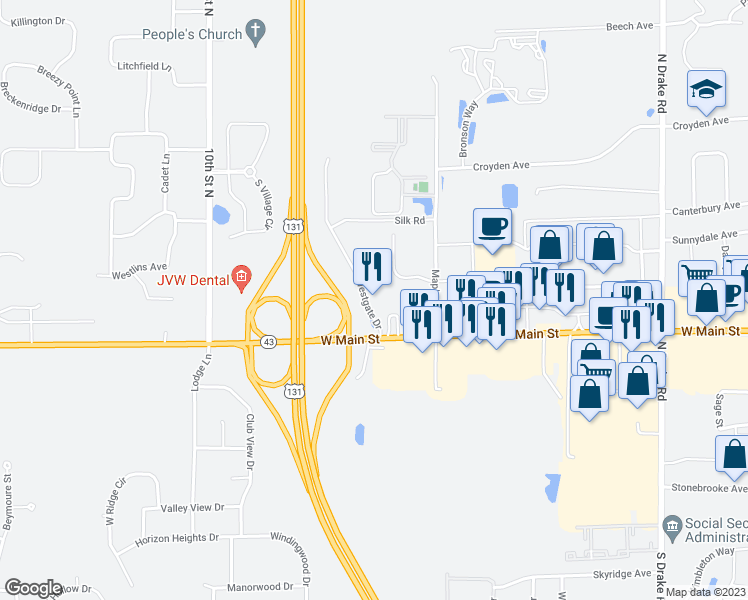 map of restaurants, bars, coffee shops, grocery stores, and more near 5650 West Main Street in Kalamazoo