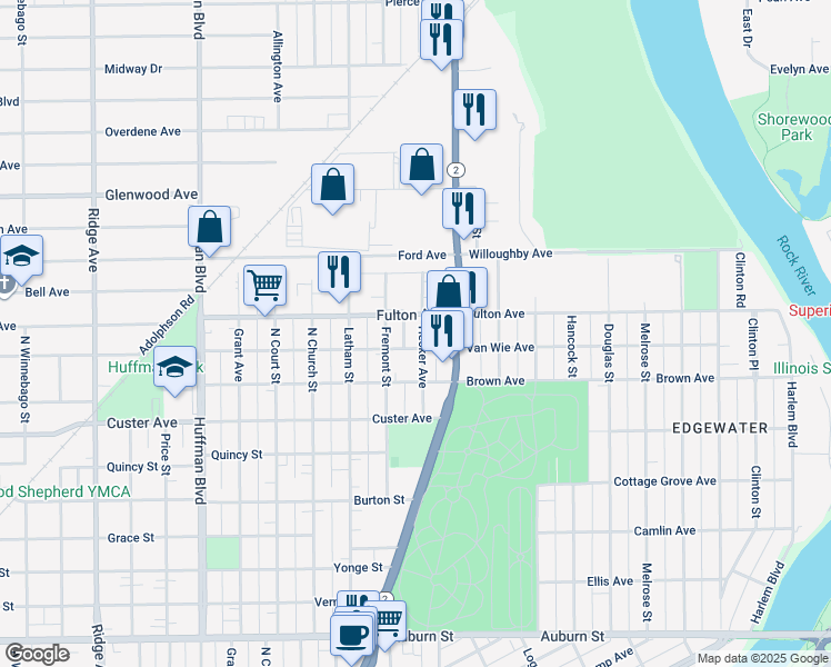 map of restaurants, bars, coffee shops, grocery stores, and more near 2312 Hecker Avenue in Rockford