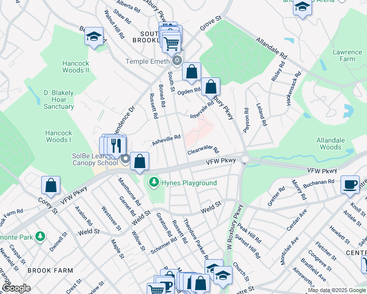 map of restaurants, bars, coffee shops, grocery stores, and more near 317 South Street in Brookline