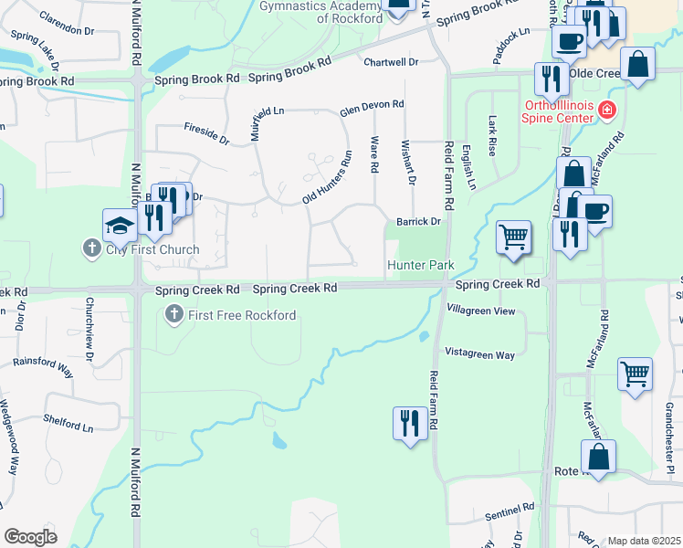 map of restaurants, bars, coffee shops, grocery stores, and more near 6421 Burberry Drive in Rockford